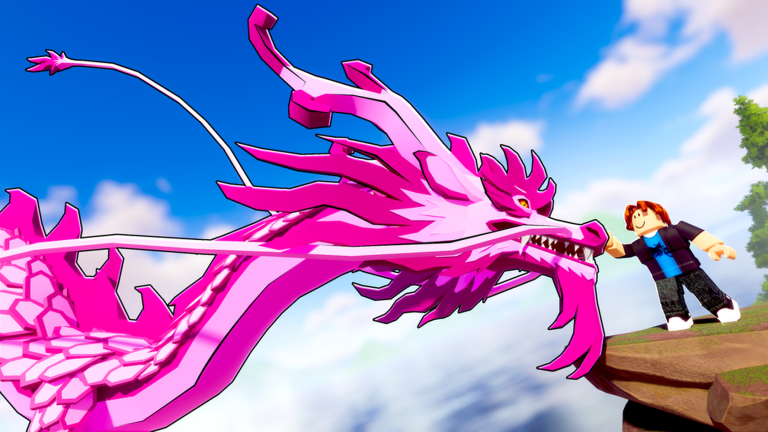 Key art resmi Dragon Adventures menampilkan pemain di samping dragon raksasa berwarna pink
