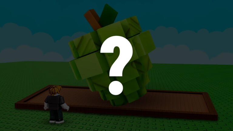 Key art event Next Update Grow a Garden di Roblox, apel raksasa dengan tanda tanya di kebun malam hari